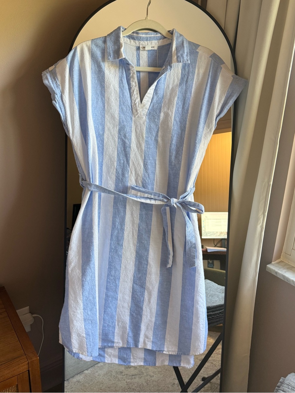 beachlunchlounge Blue and White Striped Belted Shirt Dress